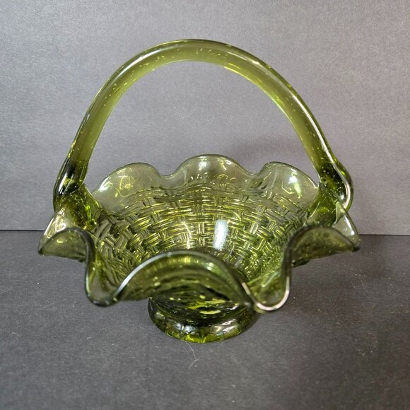 Unknown Other - Vintage MCM Green Art Glass Basket Weave Pattern Design & Ruffled Edge *READ*